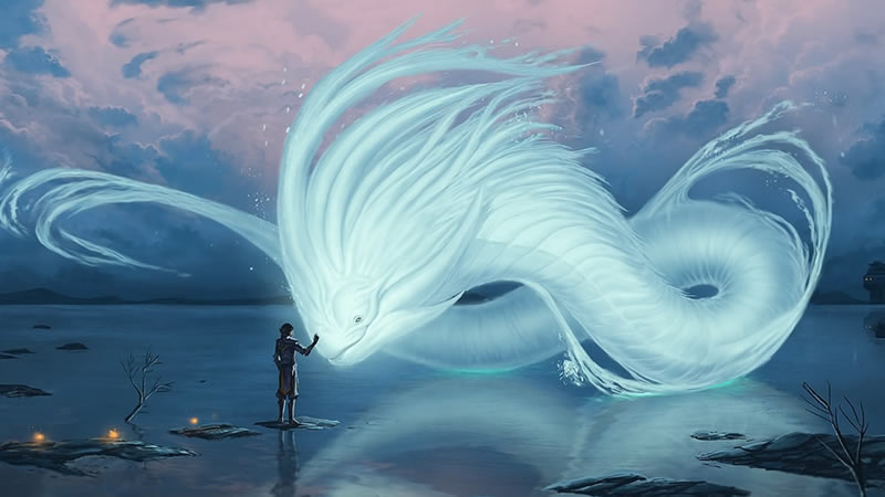 Dragon blanc aux longs filaments flottant au-dessus de l'eau face à un personnage
