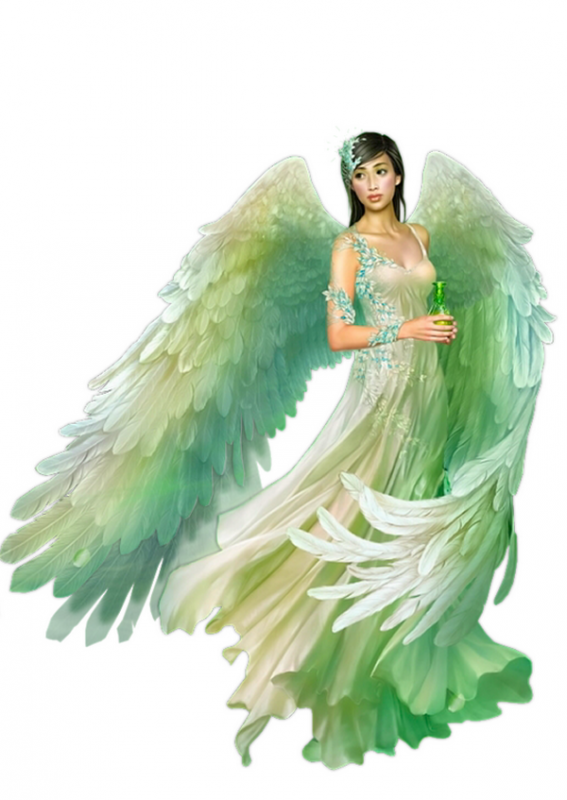 Illustration d'une femme ange aux grandes ailes vertes et blanches