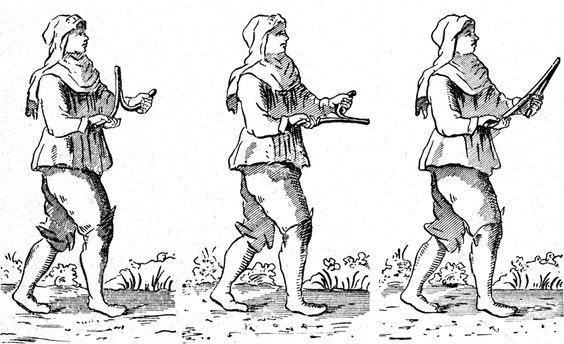 Gravure ancienne de trois pèlerins marchant