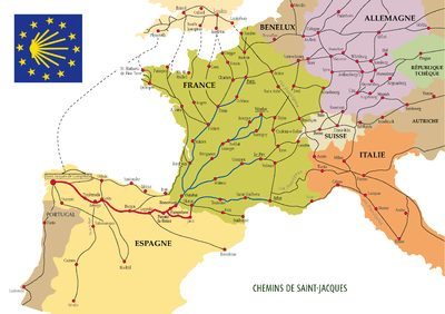 Carte des chemins de Saint-Jacques-de-Compostelle à travers l'Europe, avec le logo de la coquille
