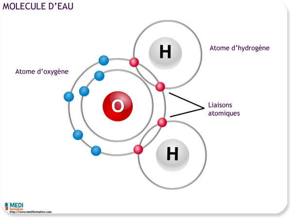 Schéma de la molécule d'eau : un atome d'oxygène lié à deux atomes d'hydrogène