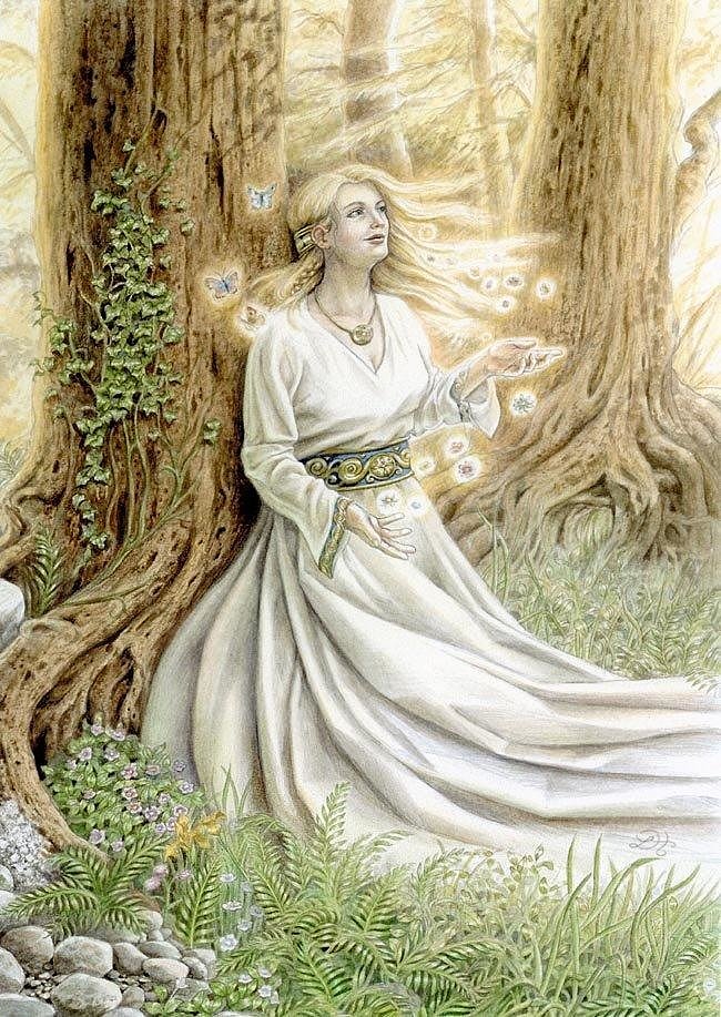 Illustration d'une dame vêtue de blanc assise au pied d'un arbre