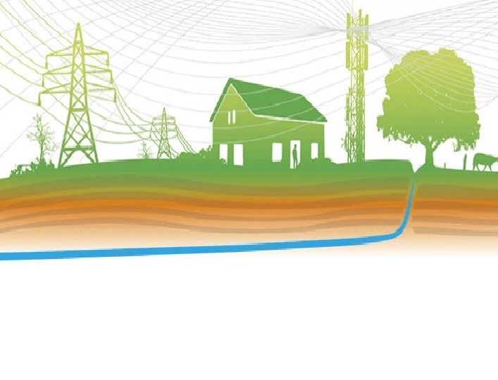 Dessin d'une maison entre un pylône électrique et une antenne, au-dessus des couches du sous-sol traversées par un cours d'eau