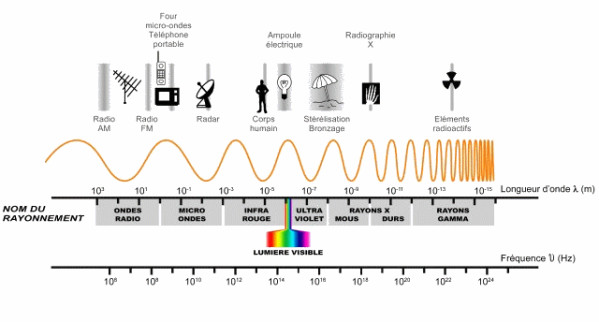 Schéma du spectre électromagnétique : ondes radio, micro-ondes, infrarouge, lumière visible, ultraviolet, rayons X et gamma, selon la longueur d'onde et la fréquence