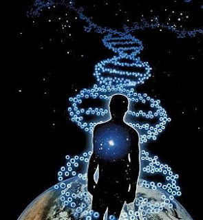 Silhouette humaine étoilée entourée d'une double hélice d'ADN lumineuse