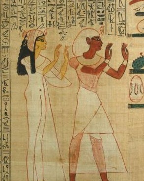 Peinture égyptienne antique : un roi et une reine en adoration, mains levées