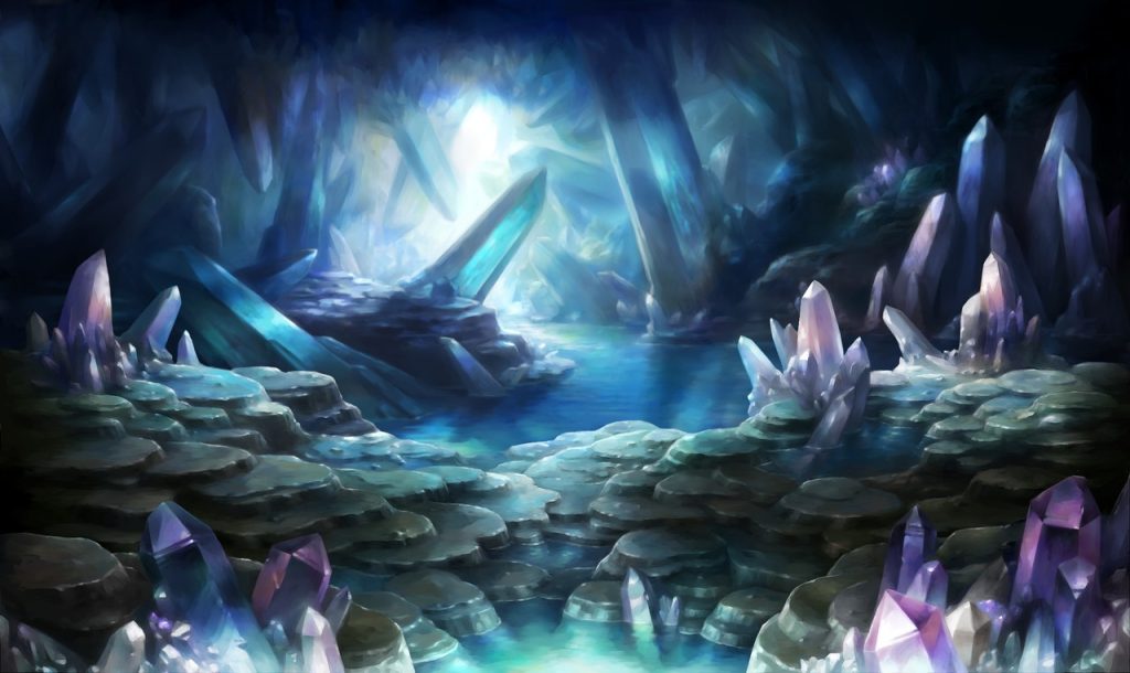 Grotte souterraine remplie de cristaux violets éclairés de lumière bleue