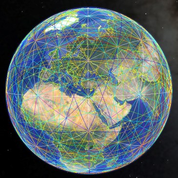 Globe terrestre vu de l'espace, couvert d'un maillage de lignes colorées