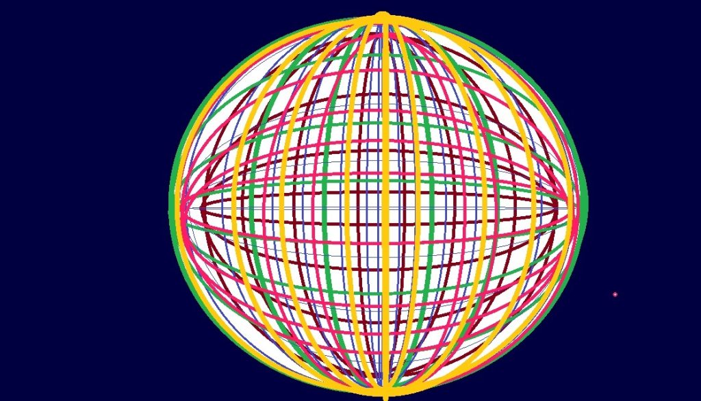 Sphère quadrillée de lignes de plusieurs couleurs sur fond bleu nuit