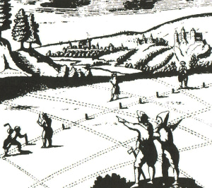 Gravure ancienne de sourciers prospectant un terrain avec leur baguette